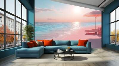 Serene beach scene with a sunlit umbrella and lounge chair by calm waters. Wall mural