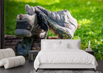 hiking shoes damaged on a log in the forest Wall mural