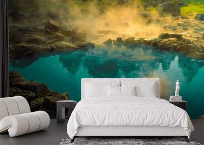 Hot Springs Onsen Natural Bath at National Park Chae Son, Lampang Thailand.In the morning sunrise.Natural hot spring bath surrounded by mountains in northern Thailand.. Wall mural