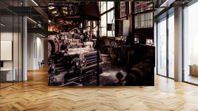 Old steel factory. Retro photography. Old factory industry. Photography. Metal pipes. Dark interior of large halls for production or warehouses.soft focus. Wall mural