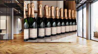 Bottles of champagne arranged in a neat row on a countertop. Wall mural