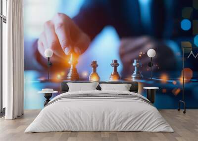 Businessman making a strategic move in chess, symbolizing business strategy and decision making in a competitive corporate environment. Wall mural