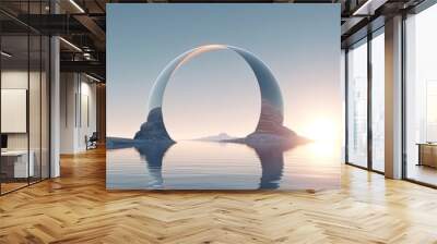 3d rendering, abstract panoramic background, northern seascape, fantastic scenery with calm water, flat geometric mirror arches and plain gradient sky. Aesthetic landscape, Generative AI Wall mural