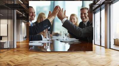 Business colleagues high fiving each other in a boardroom, Generative AI Wall mural