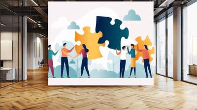 Business concept of teamwork, cooperation. People holding puzzle elements. illustration, Generative AI Wall mural