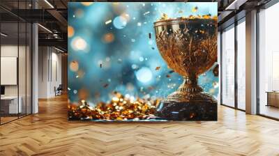 championship cup or winner trophy in golden and silver shiny chrome with celebration confetti and ribbon decoration as wide banner with copy space, Generative AI Wall mural