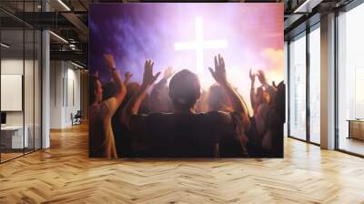 Church worship concept: Christians raising their hands in praise and worship at a night music concert, Generative AI Wall mural