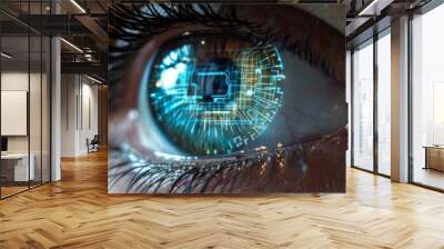 closeup of a human eye with virtual hologram elements for surveillance and digital ID verification or Lasik vision laser correction as wide banner with copy space area - Generative AI Wall mural