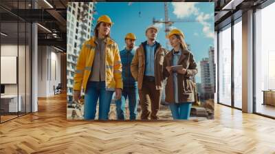 Construction Site With Excavators on Sunny Day: Diverse Team Of Male And Female Specialists Walking And Discussing Real Estate Project. Engineer, Architect, Urban Planner Talking, Using, Generative AI Wall mural