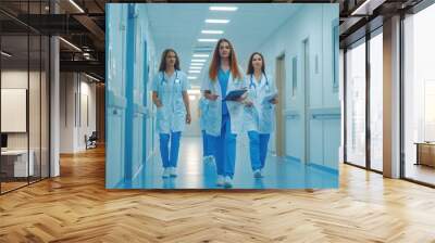 Group of medics with clipboard walking along hospital corridor, Generative AI Wall mural