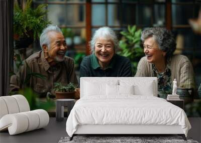 Group of senior friends laughing together over tea, Generative AI Wall mural