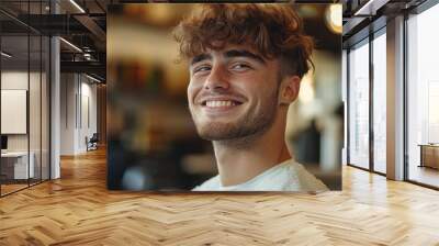 Happy young male barber looking away and smiling, Generative AI Wall mural