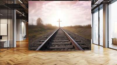 Heaven Road Concept: railway a way walking towards a cross, Generative AI Wall mural