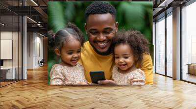 Portrait of happy African-American father playing with daughters at home and doing makeup, Generative AI Wall mural