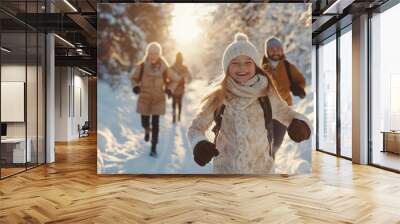 Portrait of playful family running in winter forest all smiling happily in sunlight, copy space, Generative AI Wall mural