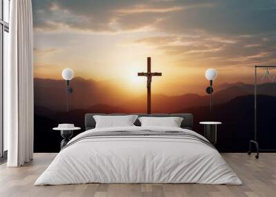 The crucifix symbol of Jesus on the mountain sunset sky background, Generative AI Wall mural