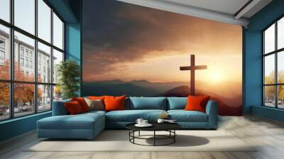 The crucifix symbol of Jesus on the mountain sunset sky background, Generative AI Wall mural