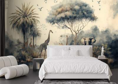 
Watercolor painting style, high quality digital art, landscape on an African tropical jungle with trees next to a river with giraffes, elephants and birds in coordinating colors Wall mural