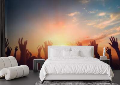 Worship and praise concept: christian people hand rising on sunset background, Generative AI Wall mural