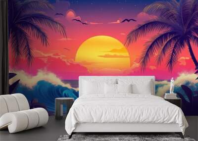 A beautiful sunset over the ocean with palm trees in the background Wall mural