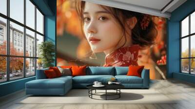 Asian girl in oriental dress, beautiful tree shape, cute, colorful dream, 32k uhd, beautiful dress, calm face Wall mural