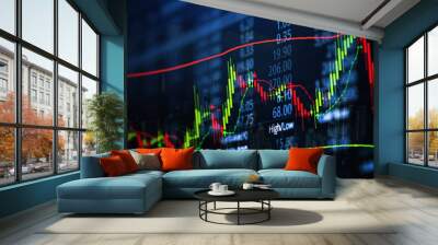 double exposure of candle stick graph chart with indicator with stock market price screen and city b Wall mural