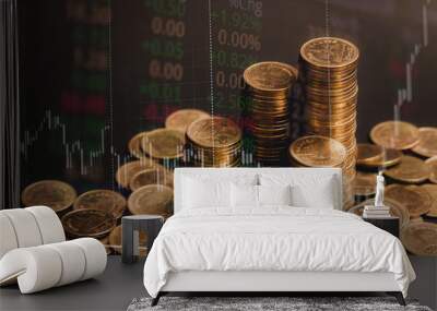 Double exposure of coin stack with stock market screen chart board and candle stick for financial business and investor analysis concept idea. Wall mural