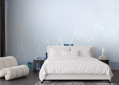 Double exposure Stacks of coins on working table with financial graph chart, finance and business concept, Wall mural