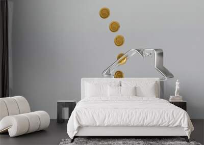 Golden coin falling in to house shape piggy bank, save money for buy house, 3D rendering. Wall mural