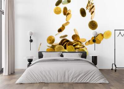 Movement of falling gold coin, flying coin, rain money isolated on white background, business and financial wealth and take profit concept. Wall mural