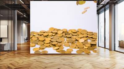 Movement of falling gold coin, flying coin, rain money with soft shadow on white background, business and financial wealth and take profit concept. Wall mural