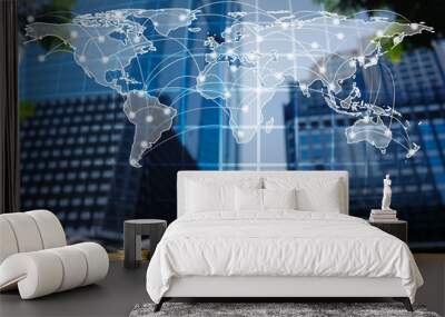 Step of coin stack on top world map, global network business banking concept idea, element by NASA. Wall mural