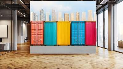 Colorful Shipping Containers Against City Skyline Urban Logistics Concept Wall mural