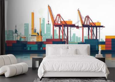 Container Ship Terminal  Cargo Cranes  Port City Skyline  Import Export Business Wall mural