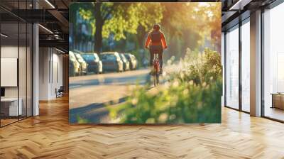 Cyclist on a city bike lane, surrounded by greenery, early morning light Wall mural