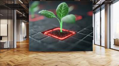 Green Sprout Growing in Red Neon Square Technology and Nature Concept Wall mural