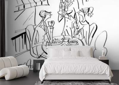 This is a hand-drawn illustration of two women enjoying lunch at a restaurant. Wall mural