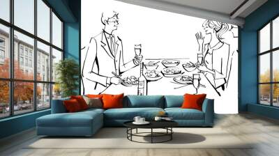 This is an illustration of a man and a woman enjoying a meal, wine, champagne, etc. Wall mural