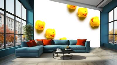 Yellow toy rubber duck mouth, red - Stuffed duck white backgroun Wall mural