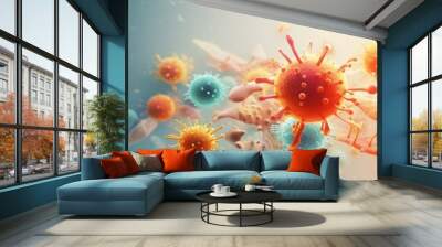 Abstract bacteria, probiotics, gram positive bacteria bacteria and viruses of various shapes against a light background. Concept of science, medicine. Microbiology background. 3d illustration Wall mural