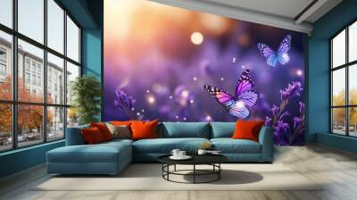 Sunny summer nature background with fly butterfly and lavender flowers with sunlight and bokeh. Outdoor nature banner Wall mural