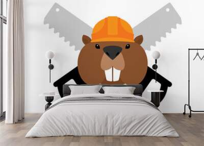 Beaver in helmets in saws. logo for logging company Wall mural