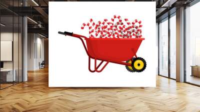 Santa Claus Wheelbarrow and peppermint lollipop. Xmas mint stick in grounds trolley. Christmas and new year. Vector illustration Wall mural