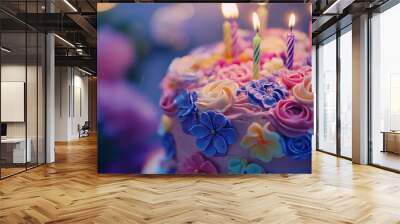 Beautifully Decorated Birthday Cake with Colorful Candles Wall mural