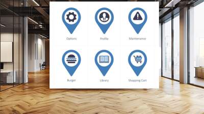 A set of 10 Location Pointer icons as search, options, profile Wall mural