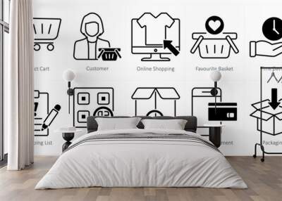 A set of 10 shopping icons as select cart, customer, online shopping Wall mural