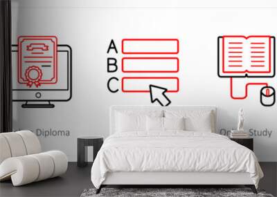 A set of 5 online education icons such as video player, online diploma Wall mural