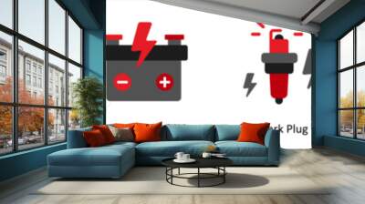 Six technology icons in red and black as garage, brake shoe, accumulator Wall mural