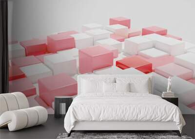 3D rendering. A background of identical cubes with rounded edges in different shades of red and white. Angle view. Wall mural