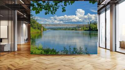 Albany Oregon: Bridge Over Willamette River in Summer, Nature Landscape with Green Trees Wall mural